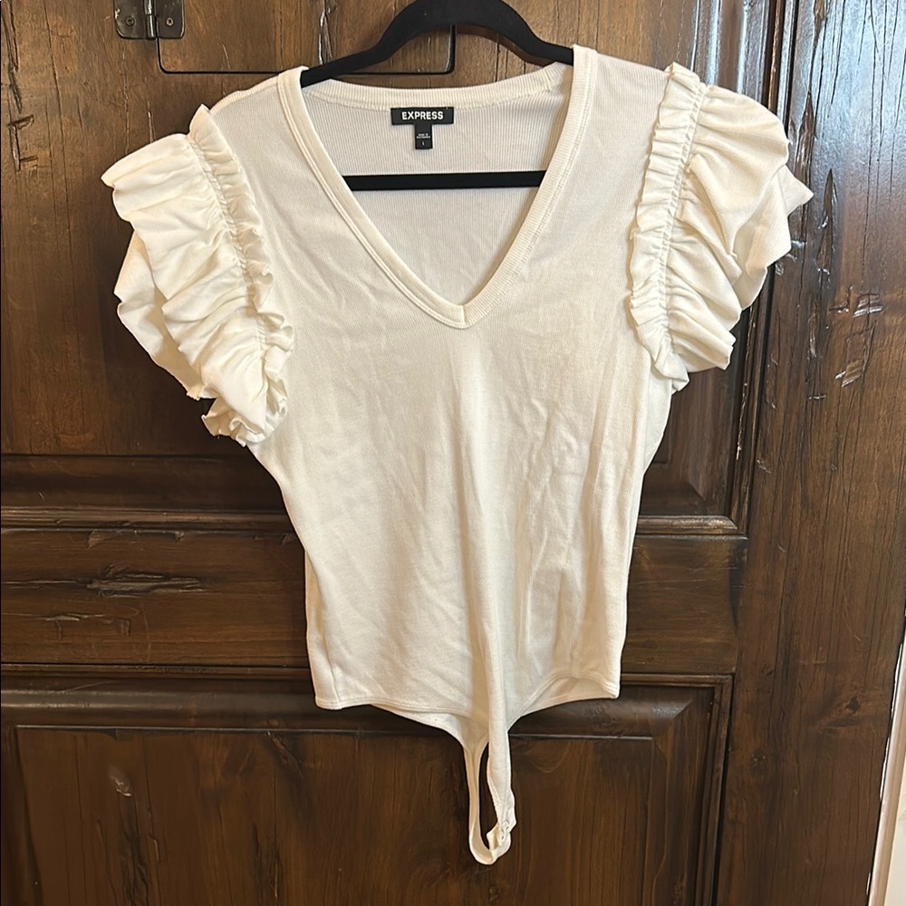 Express Cream Ruffled Tie Front Bodysuit